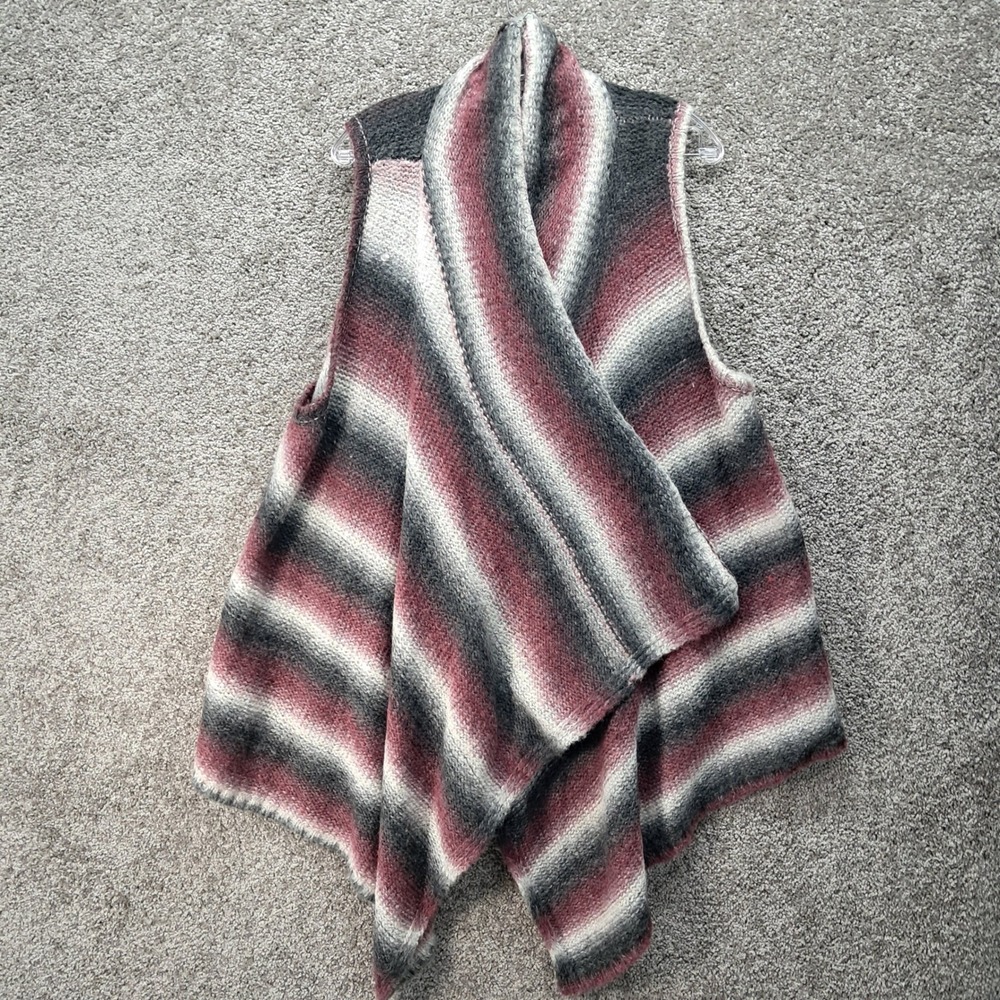 Bass XL‎ Womens Striped Open Front Drape Vest Burgundy Grey Wool Blend Cardigan